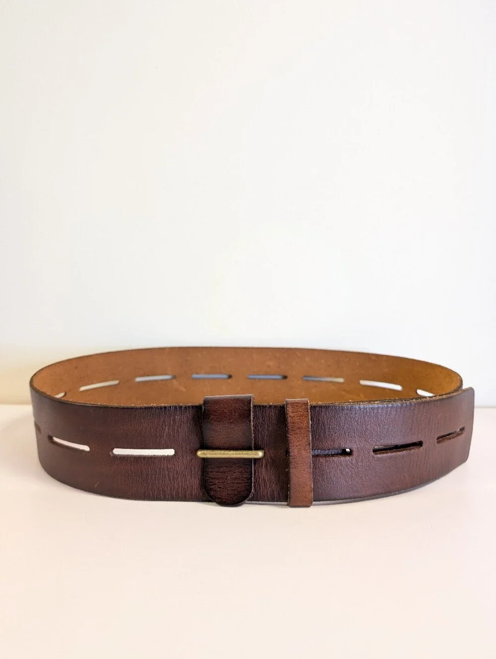 CAbi Here or There Belt 3298 Medium Brown Leather Wide Slotted Brass 45”
